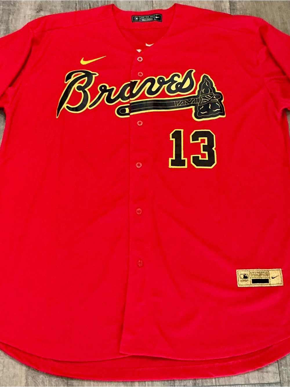 Nike Kids Atlanta Braves Red Baseball Jersey with Black & Gold Accents - #13